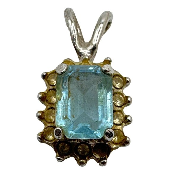 Dainty Faux Vintage Blue Pendant Aqua Glass Rhinestone Accents Silver Tone - Picture 1 of 6